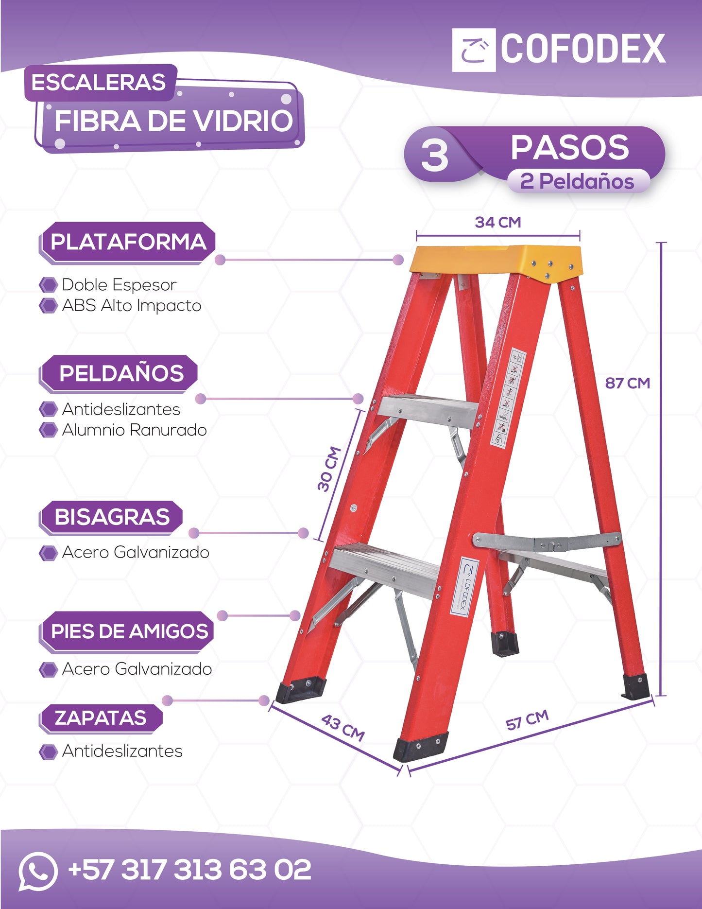 ESCALERA EN FIBRA DE VIDRIO 3 PASOS - 2 PELDAÑOS