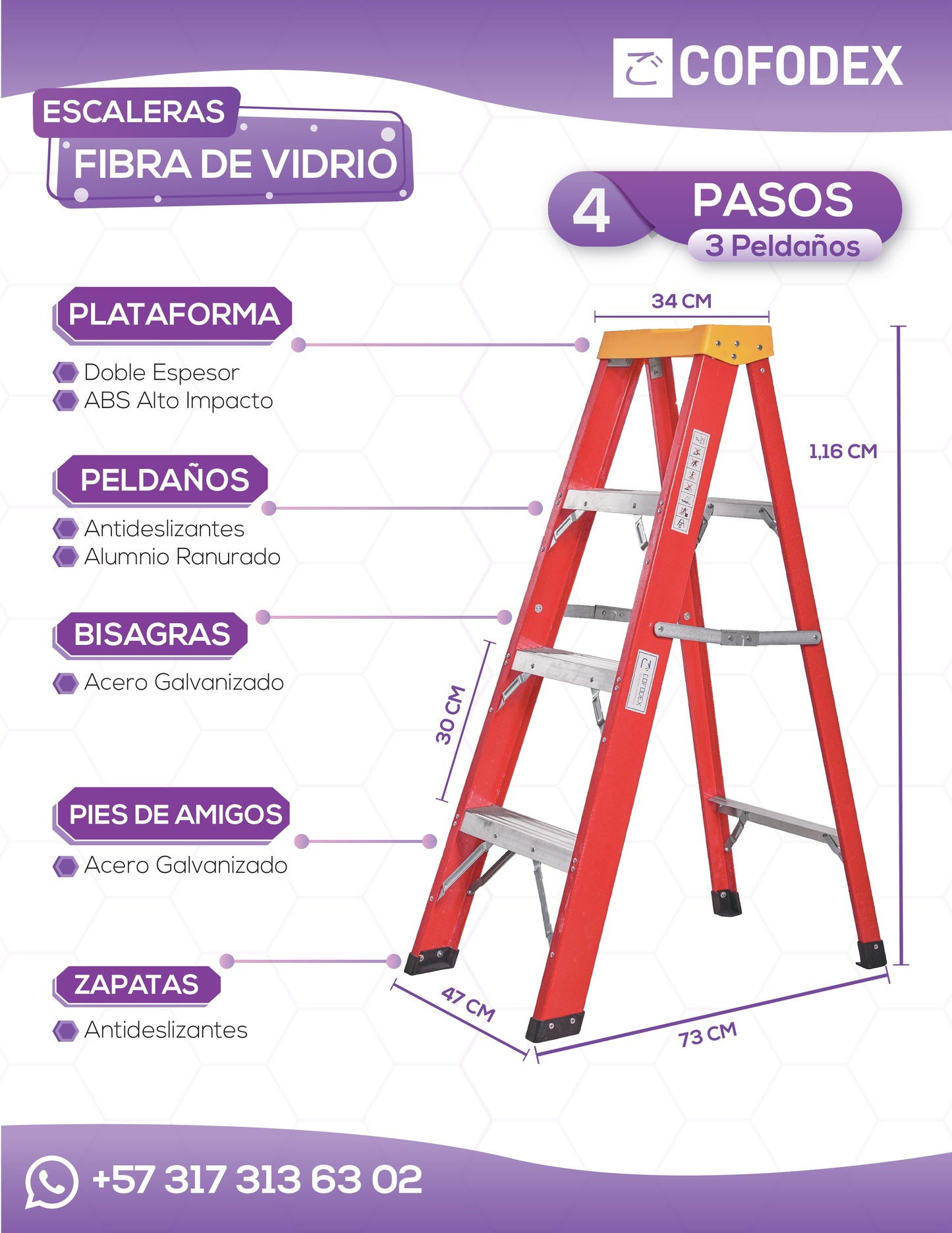 ESCALERA EN FIBRA DE VIDRIO 4 PASOS - 3 PELDAÑOS