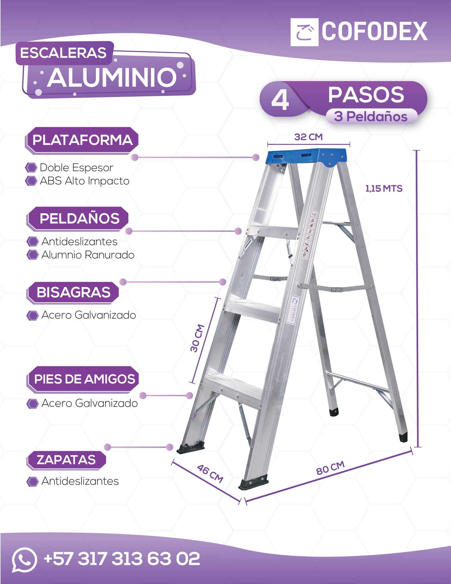 ESCALERA EN ALUMINIO 4 PASOS - 3 PELDAÑOS