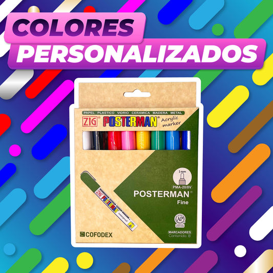 KIT MARCADORES POSTERMAN COLORES PERSONALIZADOS PMA-20/8V*
